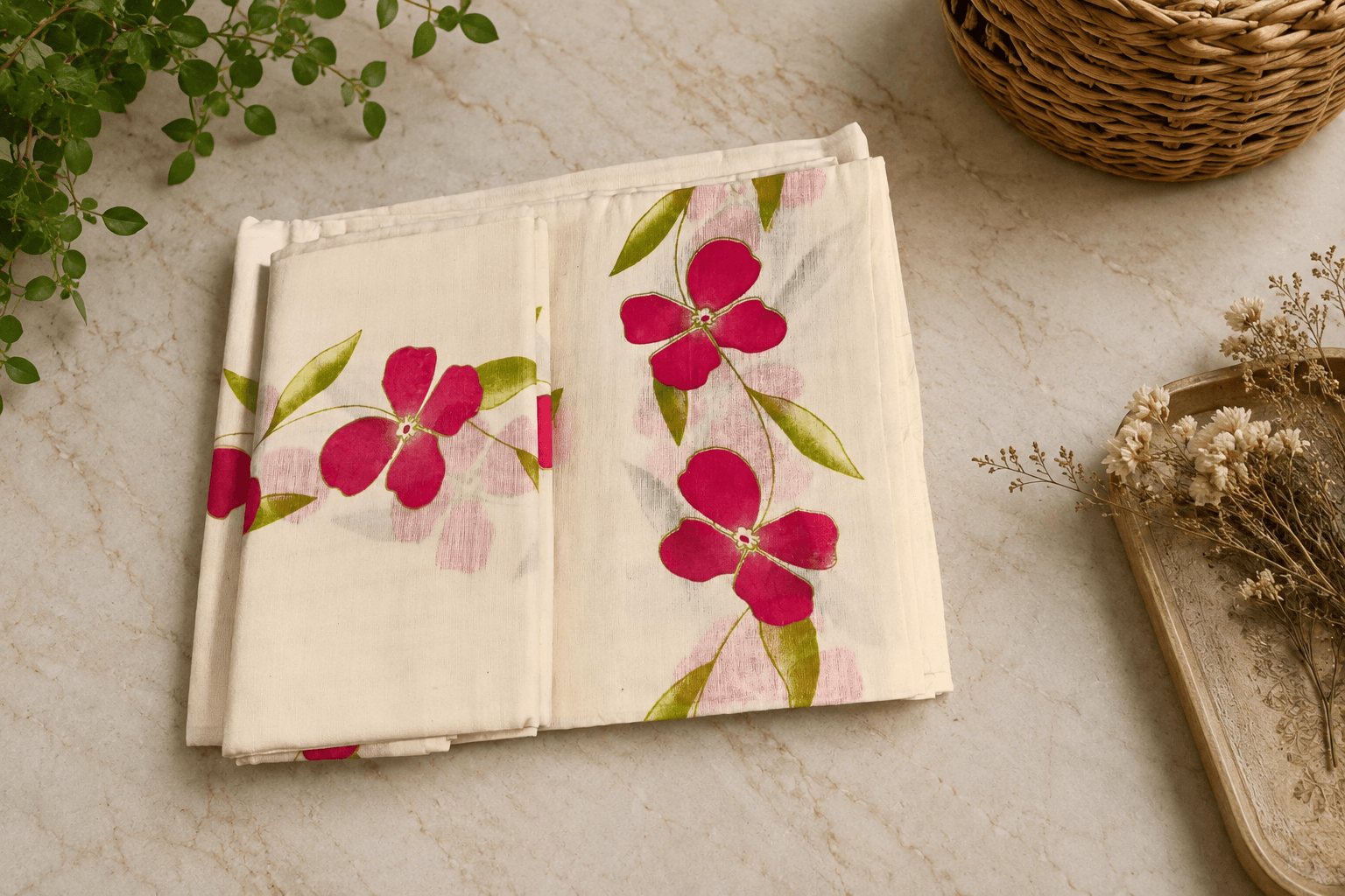 Traditional Cotton Set Mundu with Vibrant Floral Design (2.80m Each)