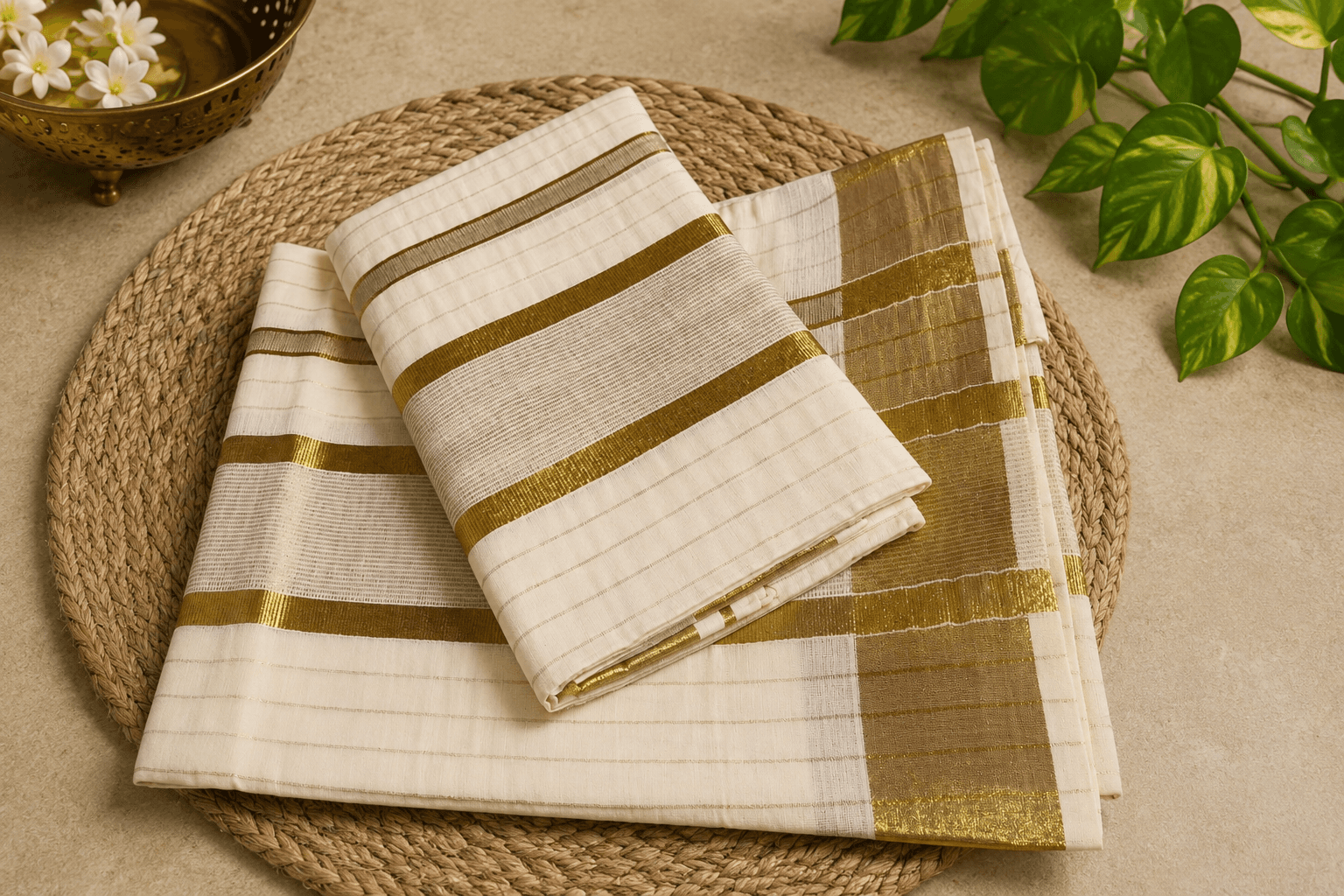 Traditional Cotton Set Mundu with Golden Lines and Zari Border (2.80m Each)