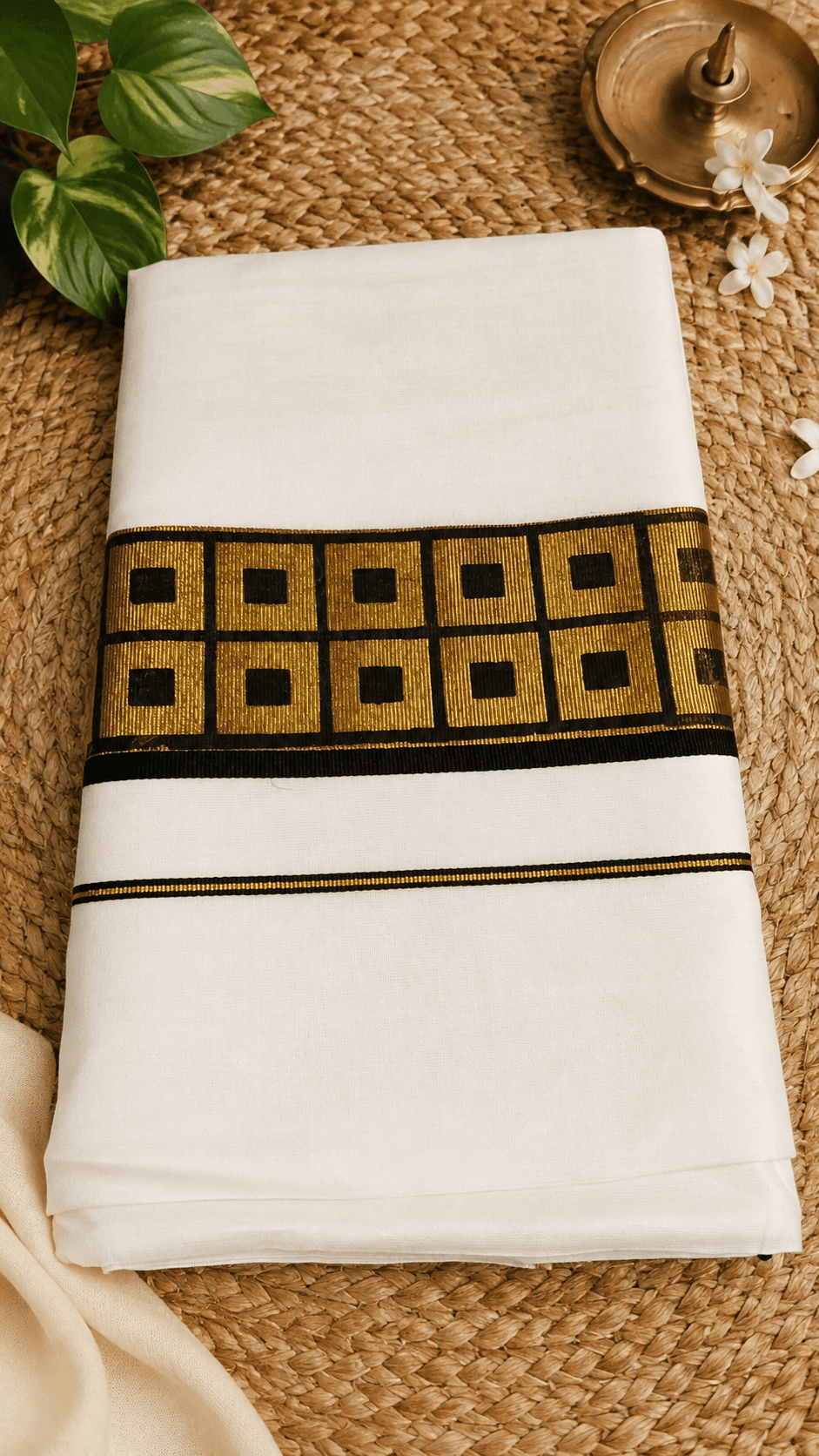 Traditional Off-White Cotton Saree with Black & Gold Geometric Zari Border and Blouse Piece