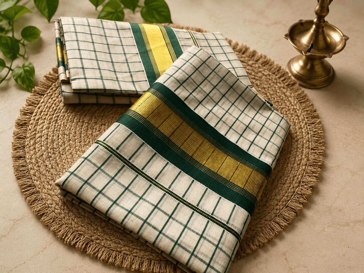 Traditional Cotton Set Mundu with Green Checks and Vibrant Borders (2.80m Each)