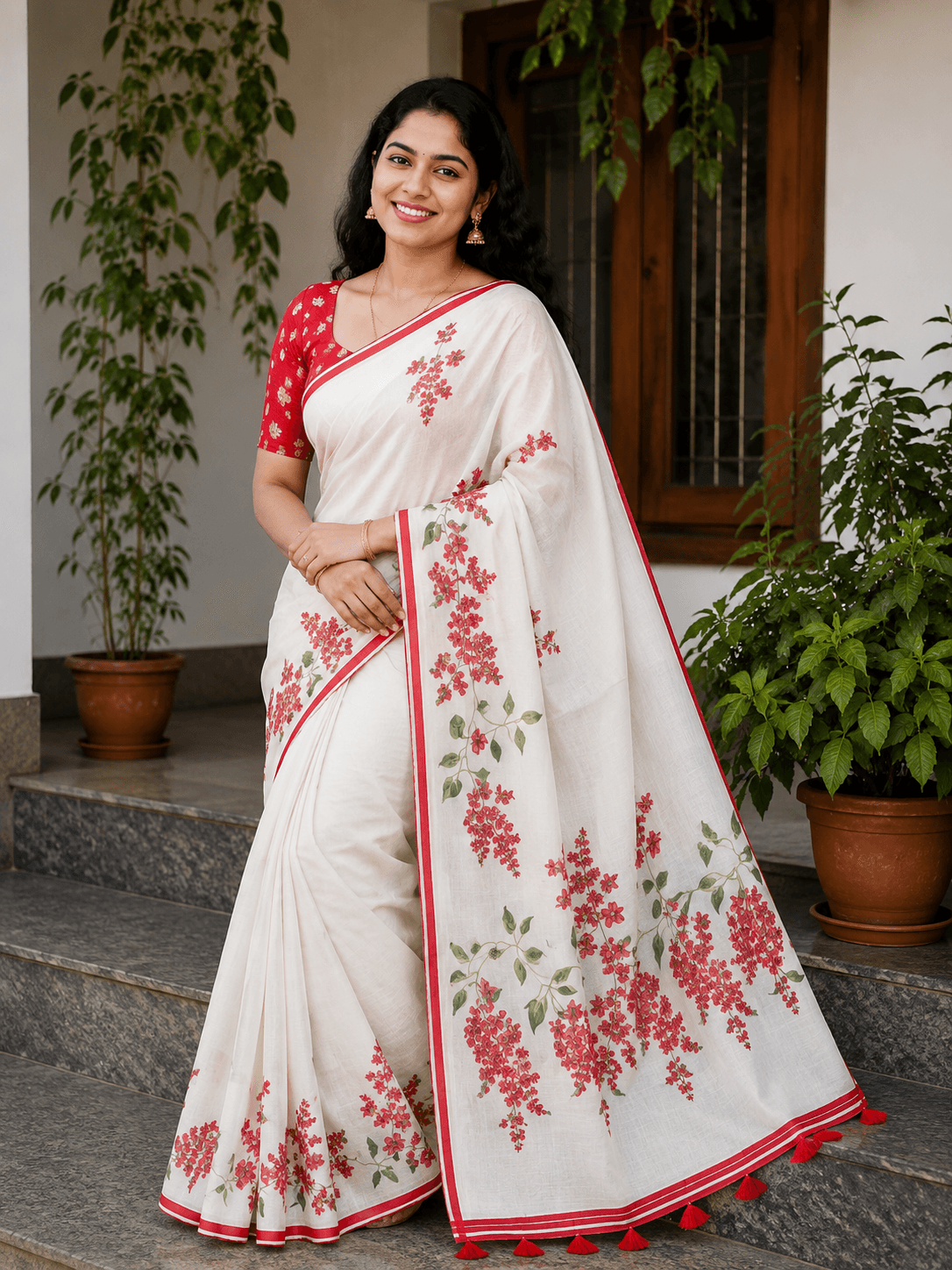 Off-White Cotton Saree with Red Floral Print and Blouse Piece