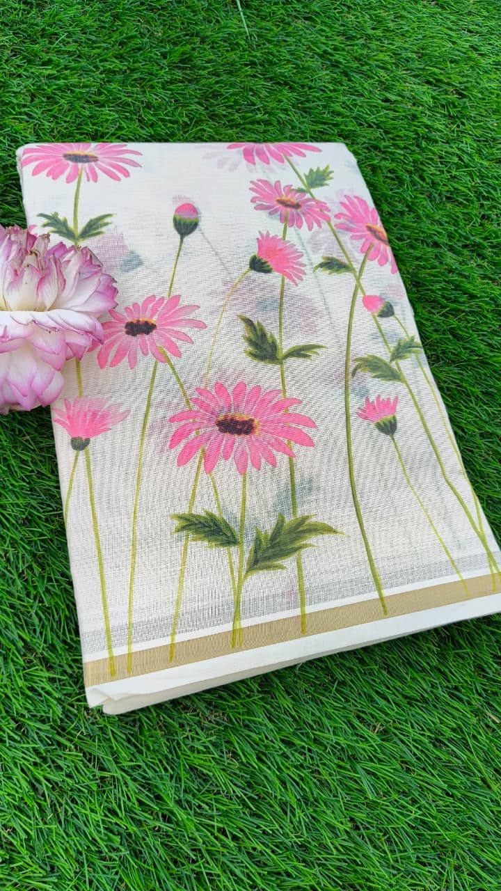 Traditional Cotton Set Saree with Pink Dhalia Floral Print and Blouse Piece