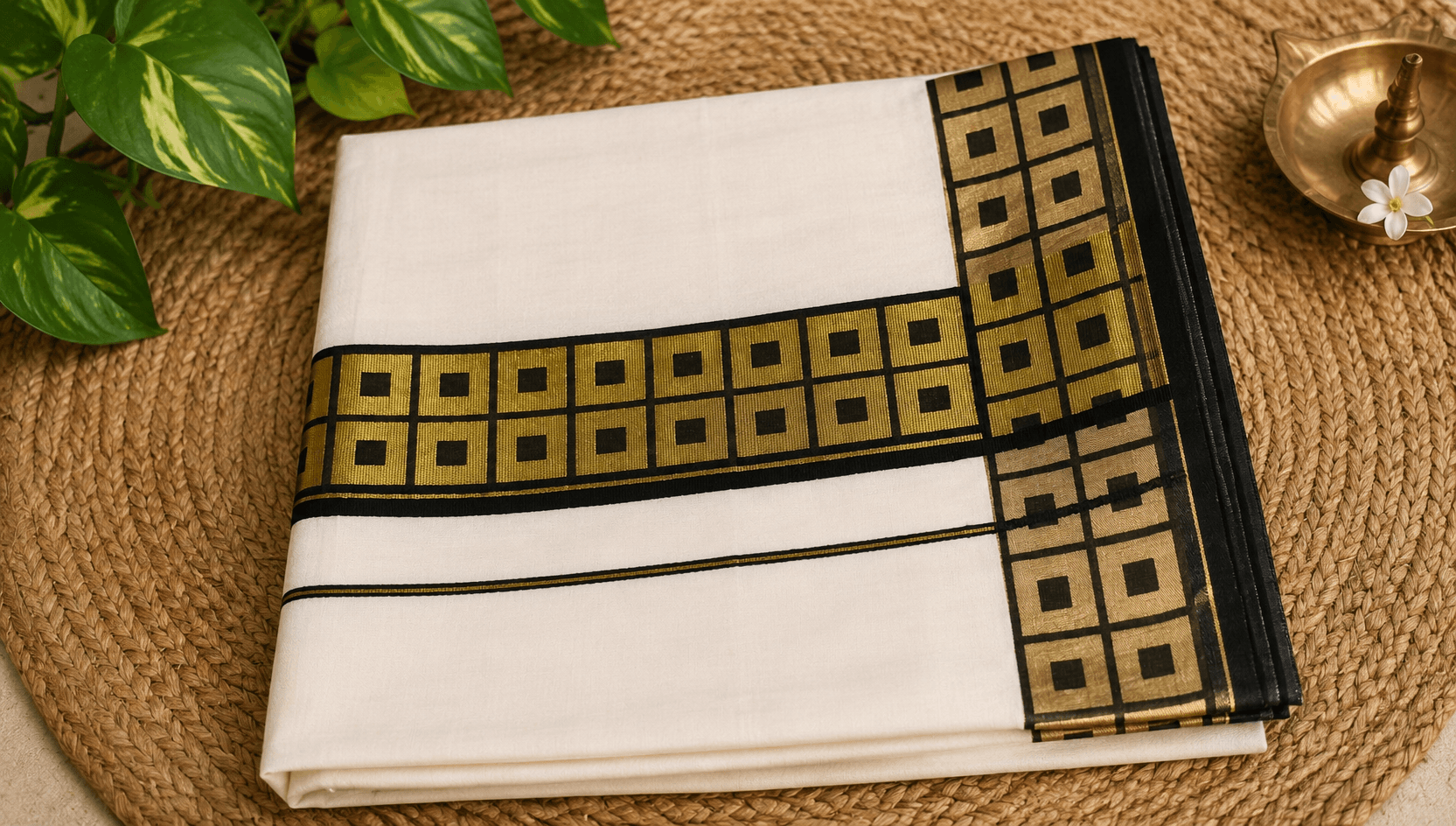 Traditional Off-White Cotton Saree with Black & Gold Geometric Zari Border and Blouse Piece