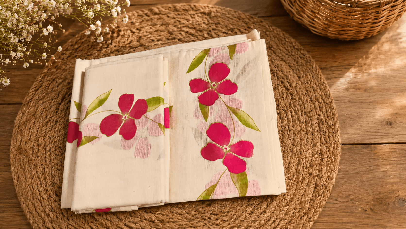 Traditional Cotton Set Mundu with Vibrant Floral Design (2.80m Each)