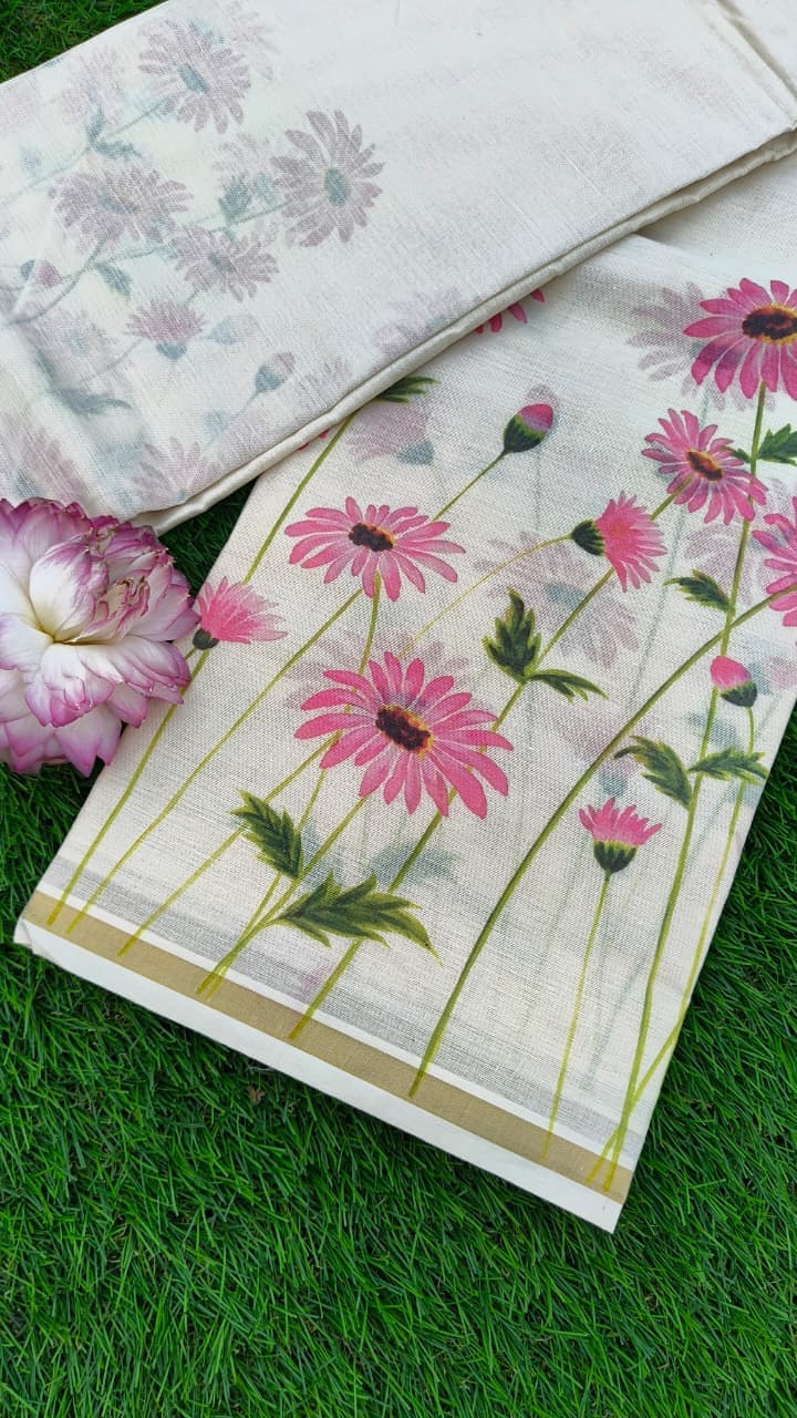 Traditional Cotton Set Saree with Pink Dhalia Floral Print and Blouse Piece