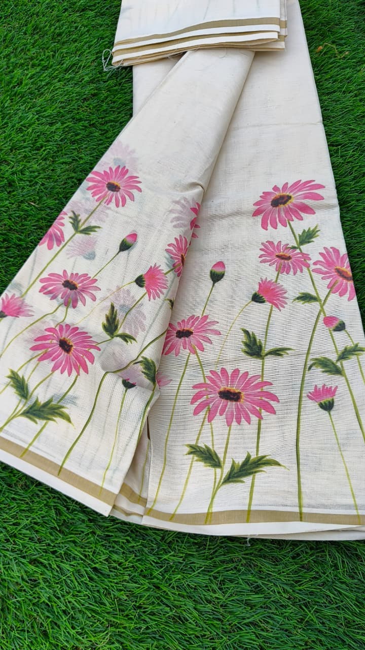 Traditional Cotton Set Saree with Pink Dhalia Floral Print and Blouse Piece