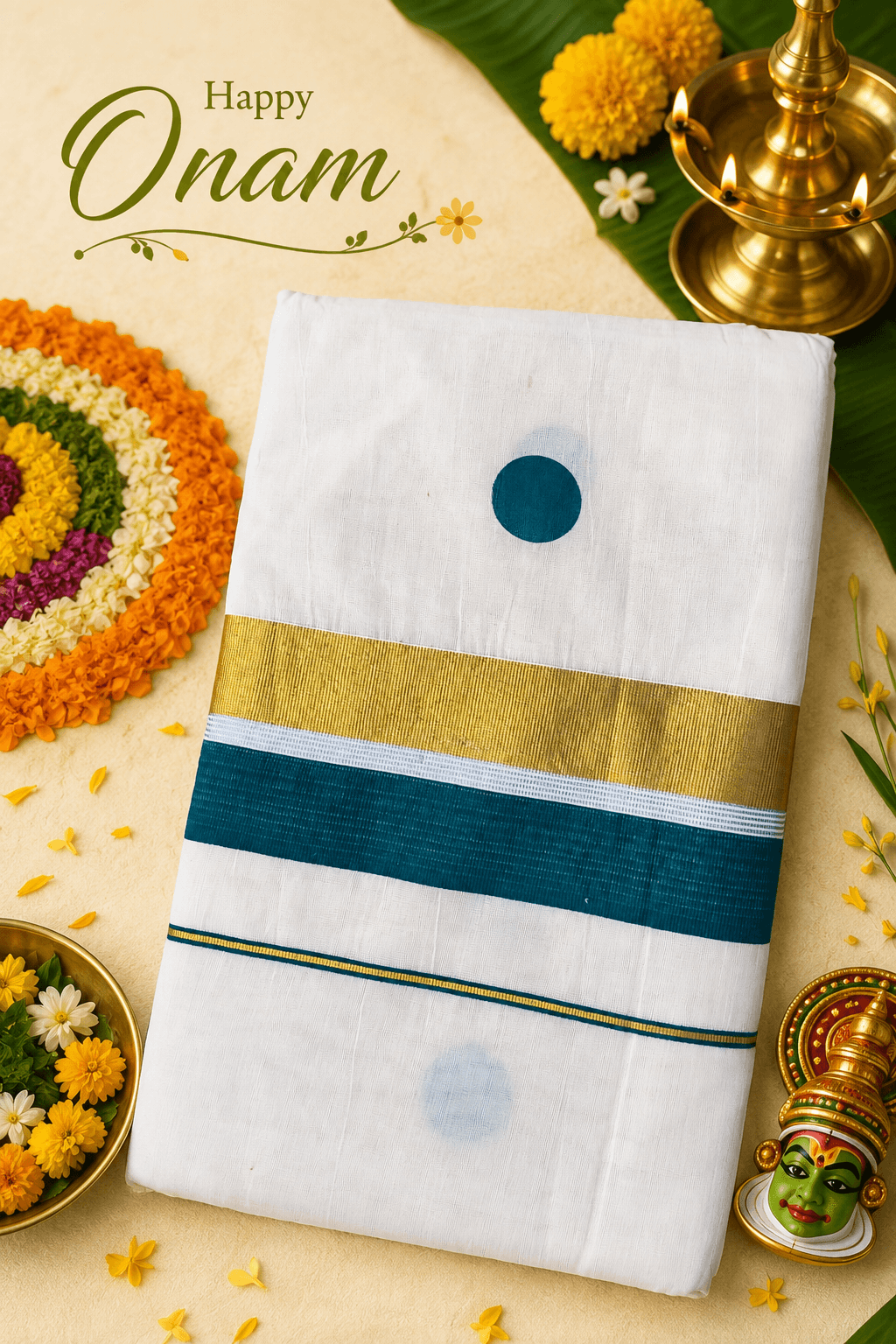 Traditional Cotton Set Saree with Green Polka Dots and Zari Border with Blouse Piece