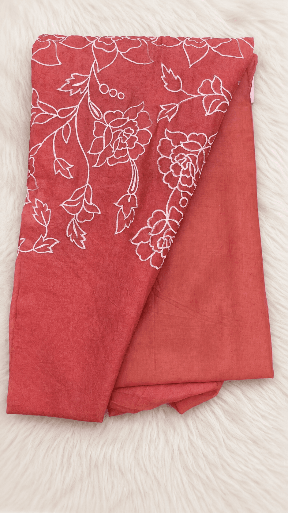 Unstitched Crushed Organza Suit Set with White Floral Embroidery, Top, Dupatta, and Santoon Bottom